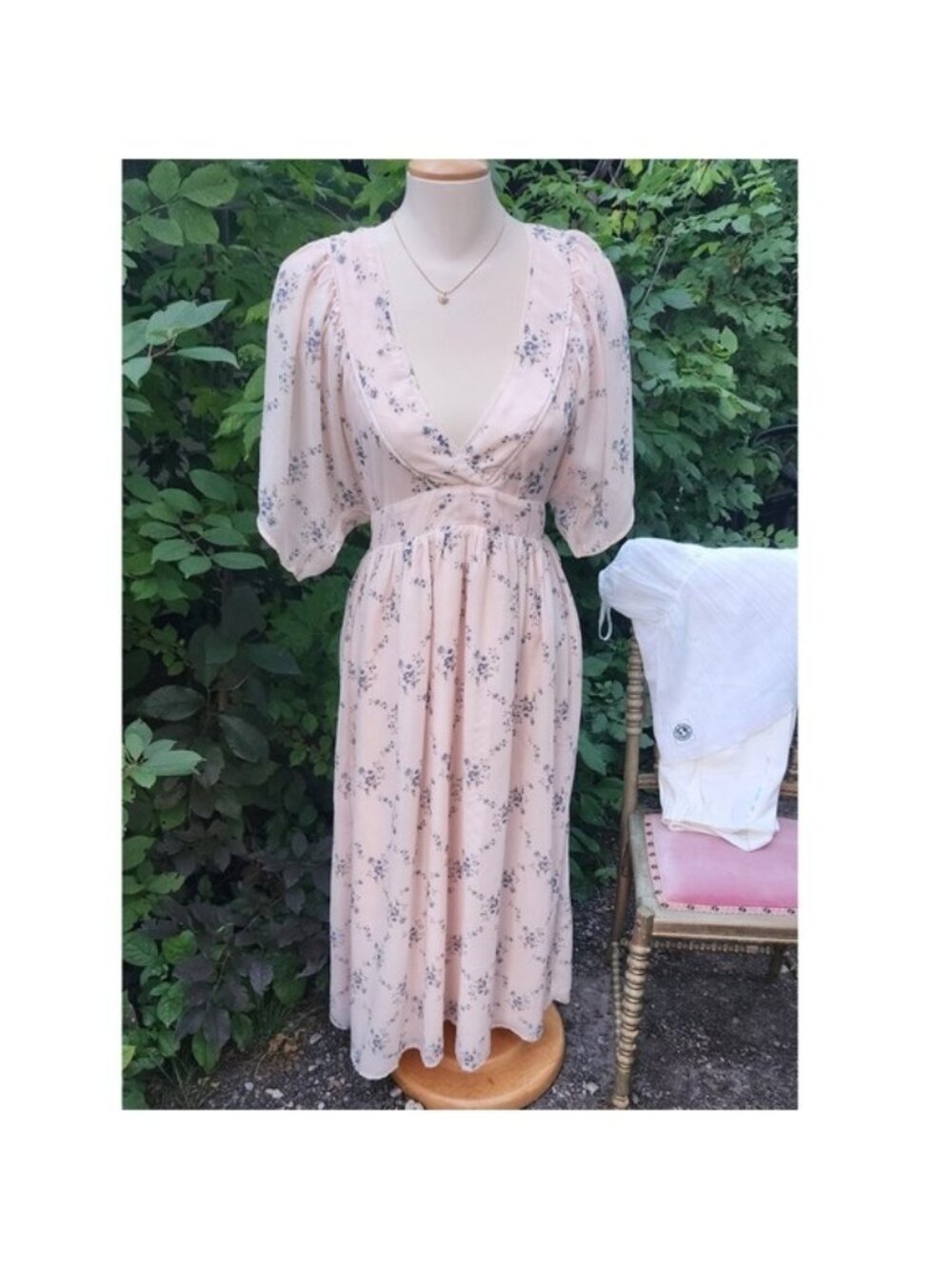 Floral Storia Large Pink Blue Cottagecore Tie Back Puff‎ Sleeve